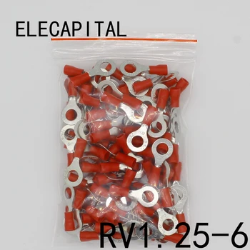 RV1.25-6 Piros 22-16 AWG 0.5-1.5mm2 Szigetelt Gyűrű Terminal Csatlakozó Kábel Vezeték Csatlakozó 100/Csomag RV1-6 RV