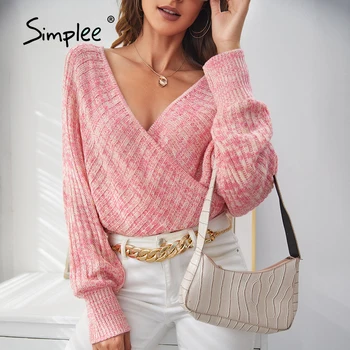Simplee Szexi pántos v-nyakú, rövid női pulóver őszi High street denevérszárnyat akar ujjú női pulóver, Elegáns hölgy téli rózsaszín pulóver