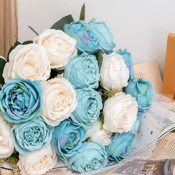 Skandináv Kék Bazsarózsa Mesterséges Selyem Virágok Fehér Rózsa Csokor Táblázat Szoba lakberendezés DIY Esküvői Virág Gondoskodjon Ellátási Fotó Kellékek