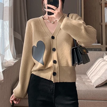 Streetwear koreai Szív Kardigán Nők V-Nyak Khaki Kötött Kardigán Maximum Őszi Téli Pulóver húzza femme jersey
