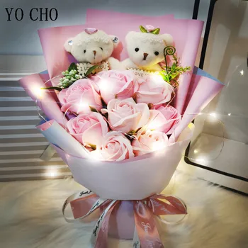 Szappan Virág Rózsa Csokor Aranyos Medve+ LED + Ajándék Táska Virág, Ajándék Doboz, Valentin Napra Szülinapi Ajándék, Esküvő, Menyasszony Csokor