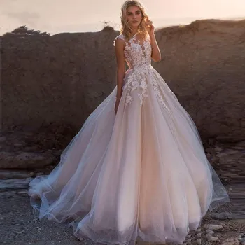 Tervező Bohém Blush Pink Olcsó Plus Size Vonal Esküvői Ruha, Csipke Appliqued Esküvői Ruha Menyasszonyi Ruhák Vestidos De Novia
