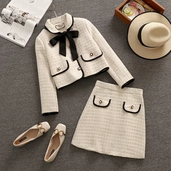 Téli Vintage Tweed Két darabos Készlet Nők Bowknot egysoros Crop Top Gyapjú Rövid kabát Kabát + Mini Szoknyák 2 Darab Szett