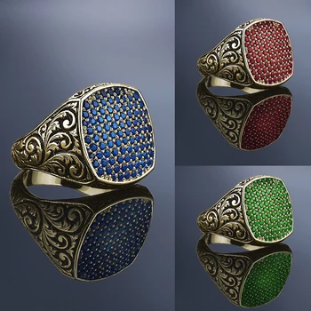 Török Kézzel Faragott Oszmán Retro Férfi Gyűrű Párna Egyengetni Kék Cirkon Kő Gyűrűk Női Koktél Bankett Ékszerek Ajándékok