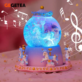 Unicorn-Kastély kristálygömb Körhinta Music Box Zene Mezőben Lebegő Hó Küldj Barátok Pár Karácsonyi Születésnapját Dobozok Ajándékok