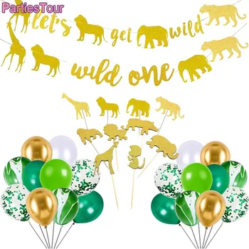 Vad Parti Dekoráció Vad Banner Arany Jungle Safari Állat Banner Léggömb Csillogó Fényes Torta Toplisták az Állatkert, Dzsungel a Téma Fél