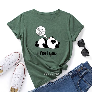 Vicces, Cuki Panda Női Ingek O-nyakú, Rövid Ujjú, 100% Pamut Nyári Felsők Rajzfilm Grafikus póló Női Póló Alapvető Tshirt Ruhák