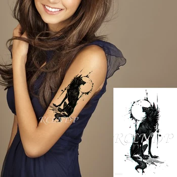 Vízálló Ideiglenes Tetoválás Matrica Farkas Bámulnak Moon Nagy Állat Hamis Tatto Flash Tetoválás Kar, Láb Vissza Body Art Férfiak Nők
