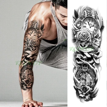 Vízálló ideiglenes tetoválás matrica roma óra zsebóra koponya rózsa virág teljes kar hamis tetoválás flash tatto a férfiak nők