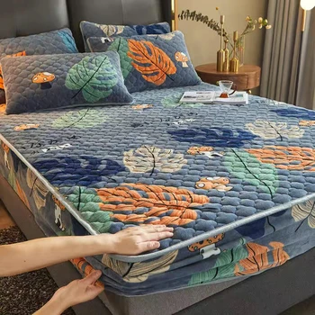WOSTAR Téli meleg kétszemélyes ágy matrac fedő protector sűrűsödik steppelt szuper puha, kényelmes flanel levél nyomtatott ágy védelem pad
