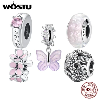WOSTU 925 Sterling Ezüst Rózsaszín Lány, Virág, Pillangó Üveg Charm Gyöngy Medál Illik Eredeti Karkötő, Nyaklánc Női Ékszerek