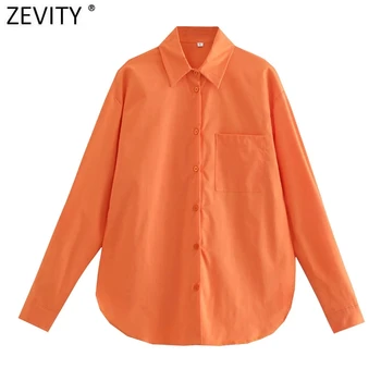 Zevity 2021 Nők Egyszerűen Narancssárga Színű egysoros Alkalmi Ing, Blúz Office Lady Hosszú Ujjú Roupas Elegáns Blusas Maximum LS9574