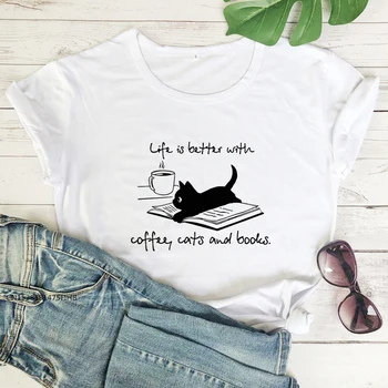 Élet Jobb Kávét Macskák Könyvek Póló Aranyos Macska Anya Ajándék Tshirt Vicces Nyári Grafikus Olvasás Póló Felső Prémium