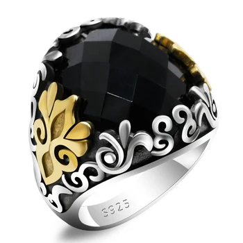Új Kézzel készített 925 Ezüst Férfi Gyűrű, Nagy Fekete Cirkónia Ezüst-Oxid Gyűrűt ajándékba török Férfi Divat Ékszer