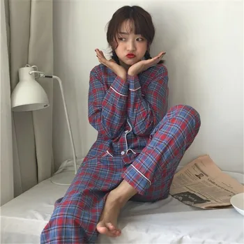 őszi kockás szabadon lélegző homewear 2 darabos készlet diák hosszú ujjú hálóruházat pizsama szett nadrág nadrág koreai elegáns Y984