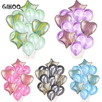 GIHOO 14pcs / sok márvány lufi 18 inch csillag héliumos lufi szív alakú, 10 hüvelykes achát latex baba zuhany szülinapi parti dekoráció