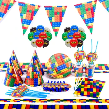 Legoing Blokkok Téma Party Dekoráció Asztali Papír Kupa Lemez Terítő Zászlót Táska Baba Zuhany Gyerekek Szülinapi Party Kellékek